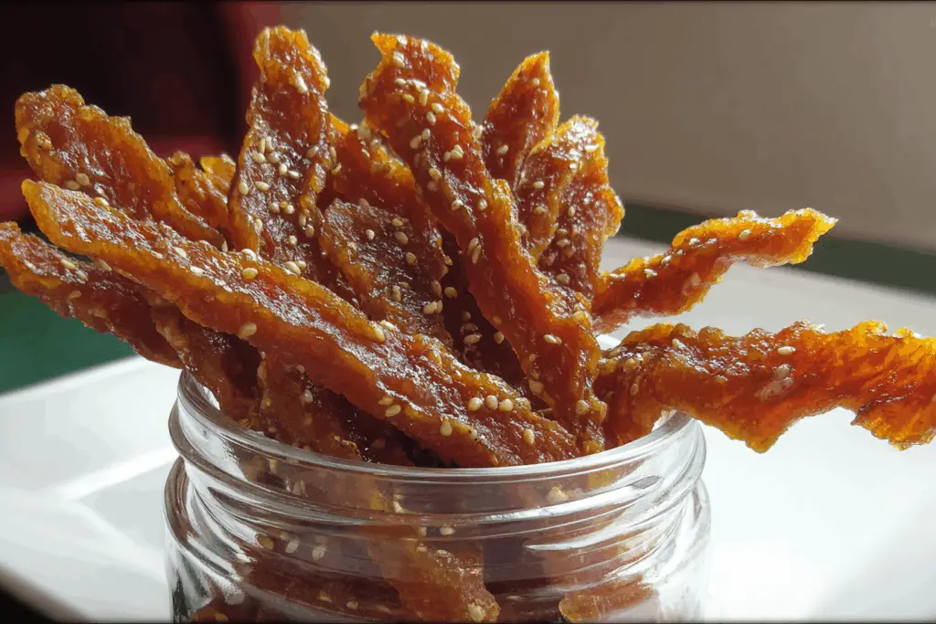 Strips of honey garlic chicken jerky laid out on a wire rack, golden-brown and glazed with sweet and savory marinade