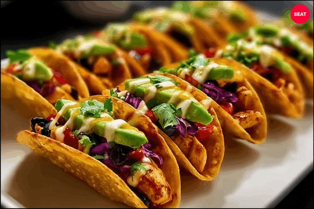 Close-up of Honey Lime Chicken & Avocado Nacho Wonton Tacos
