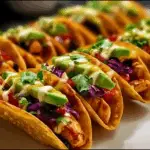Close-up of Honey Lime Chicken & Avocado Nacho Wonton Tacos