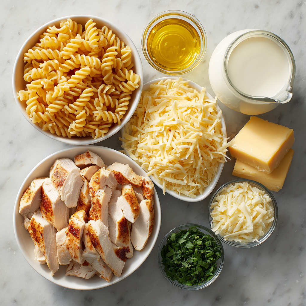 ingredients for creamy garlic parmesan chicken with cheesy twisted pasta