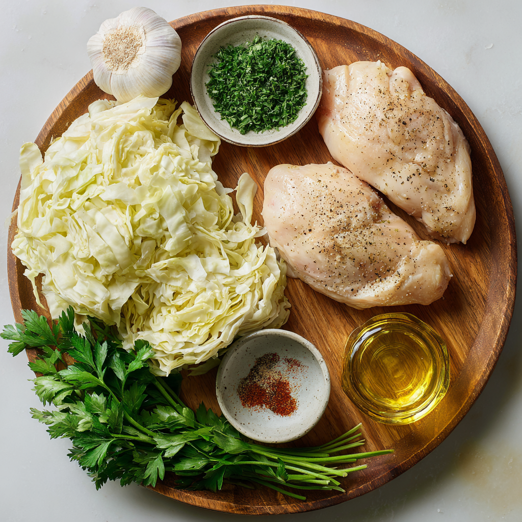 raw ingredients for sautéed garlic cabbage with chicken