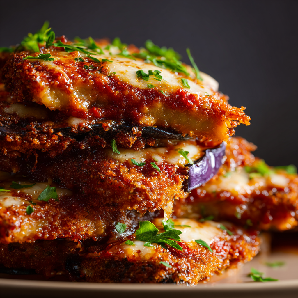 Layering ingredients for Eggplant Parmesan step-by-step