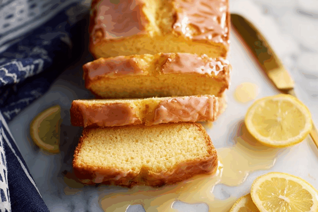 lemon yogurt cake glazed with lemon zest on rustic table
