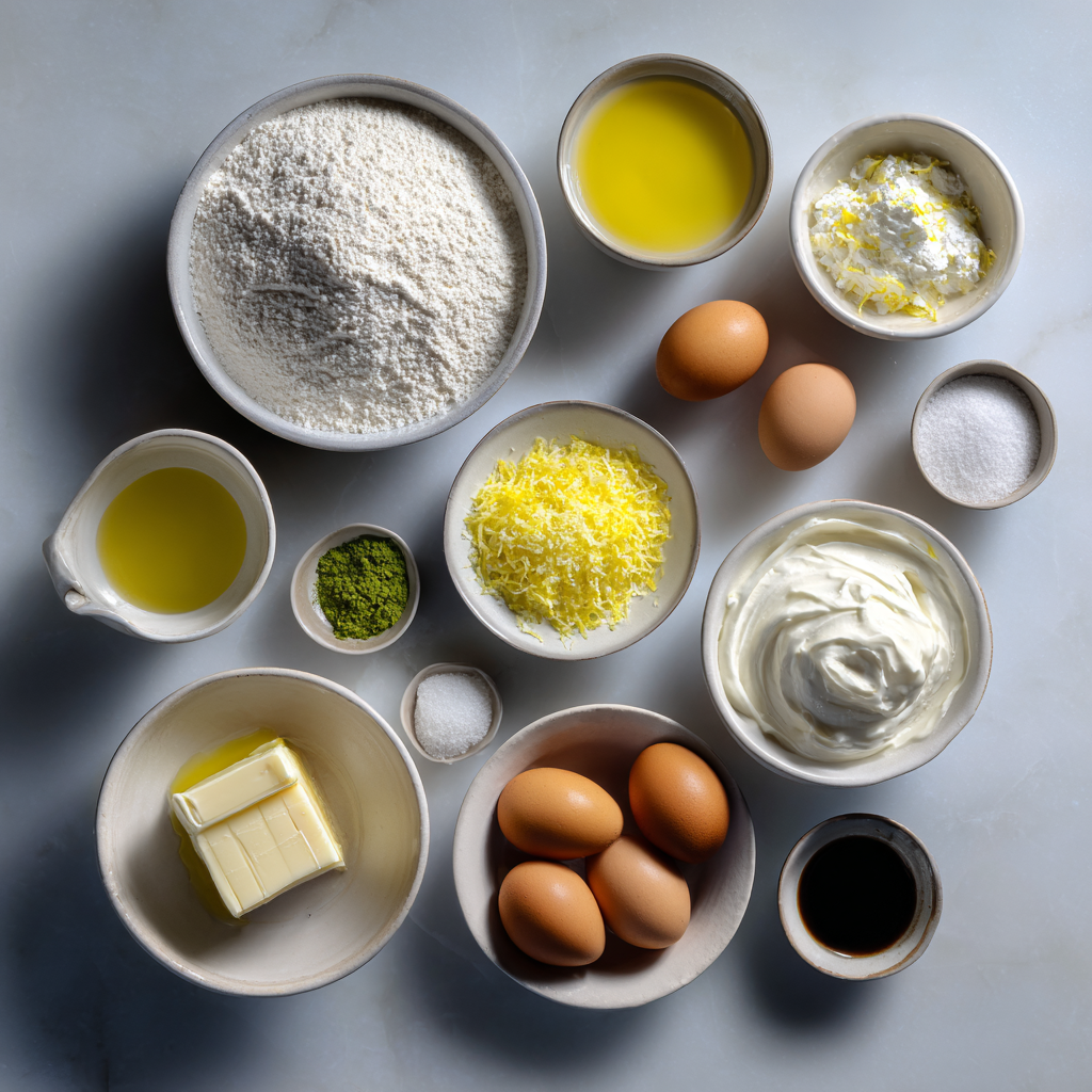 lemon yogurt cake ingredients flat lay Greek yogurt and lemons