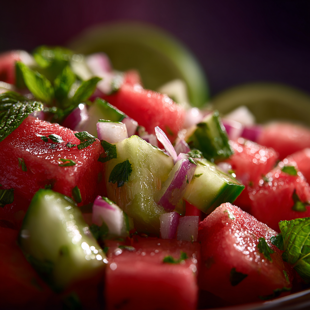 Tossing watermelon cucumber salad recipe with mint