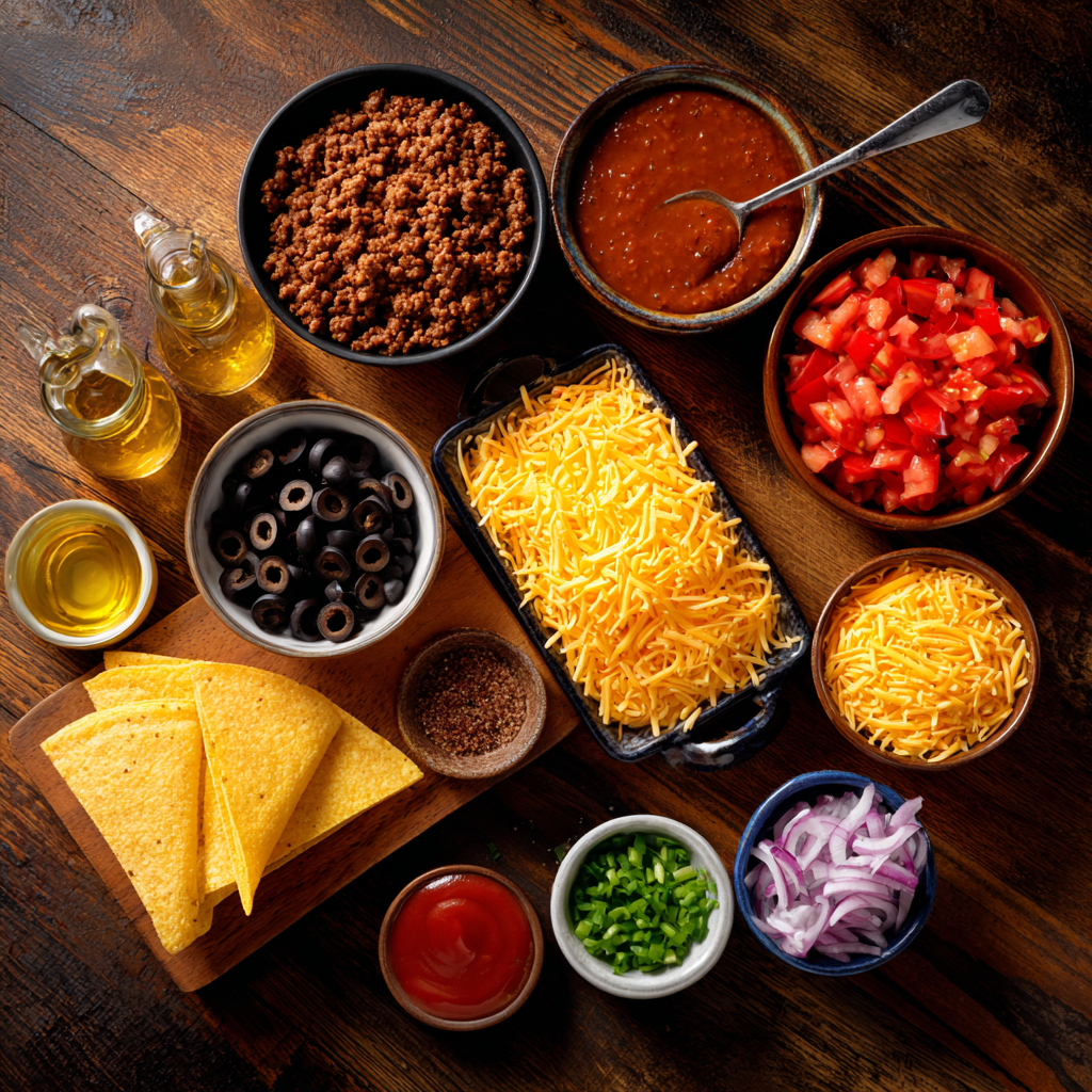 Homemade Mexican pizza ingredients laid out on counter
