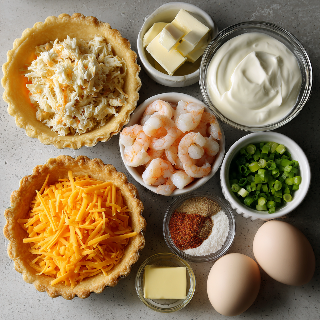 Ingredients for cheddar crab and shrimp mini quiches