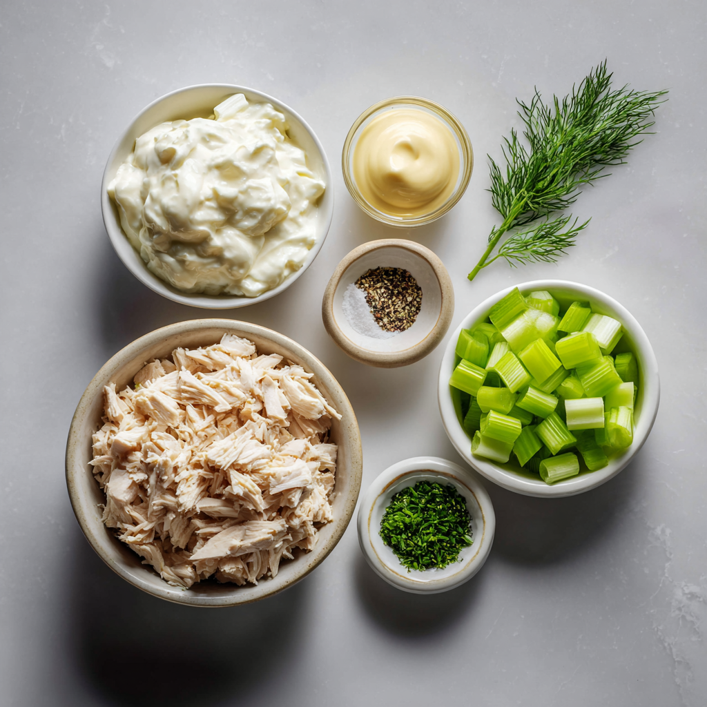 Mixing ingredients for a classic chicken salad recipe in a glass bowl