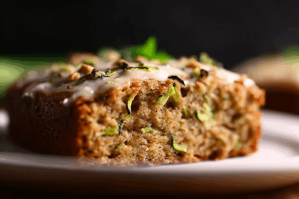 Moist zucchini cake sliced on a rustic table