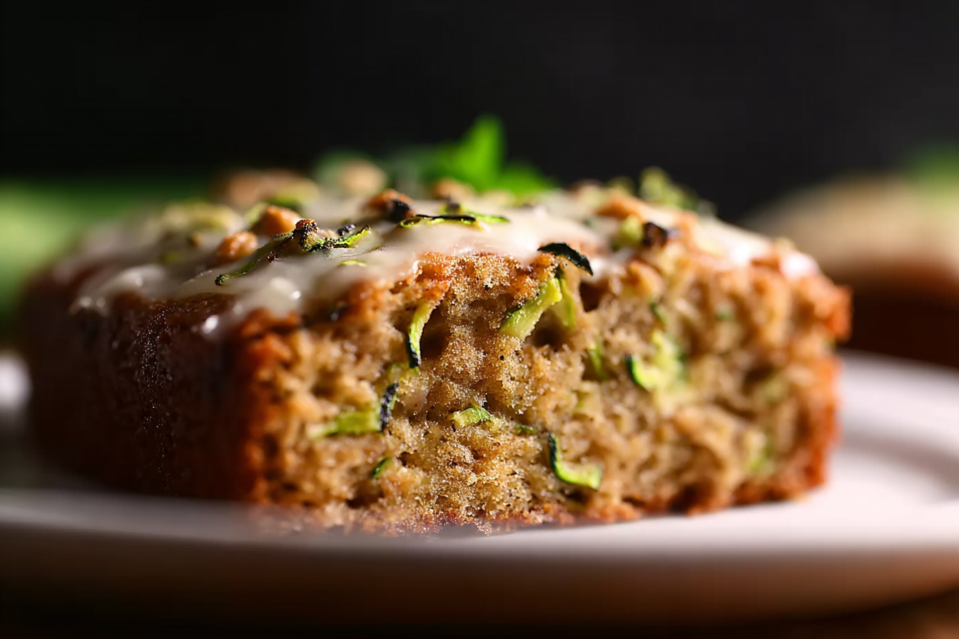 Moist zucchini cake sliced on a rustic table