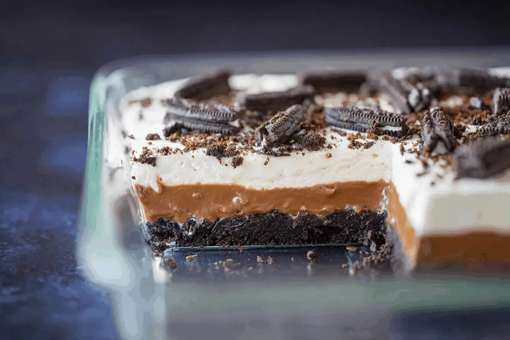 No Bake Heavenly Oreo Dessert served in a large pan with layers