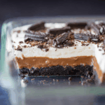 No Bake Heavenly Oreo Dessert served in a large pan with layers