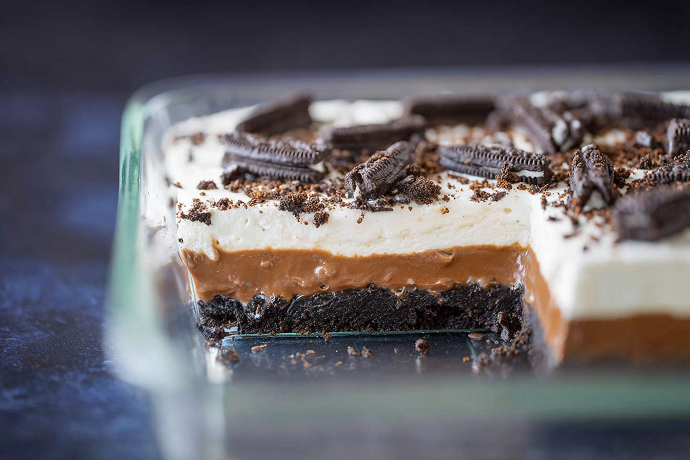 No Bake Heavenly Oreo Dessert served in a large pan with layers