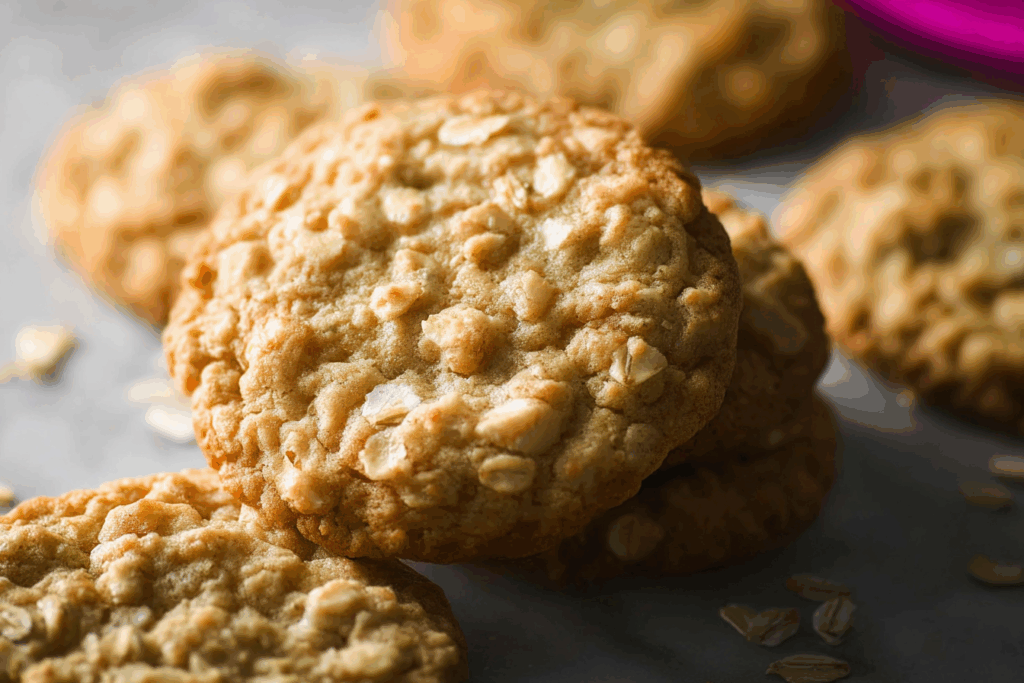 Freshly baked oatmeal cookies on a rustic table