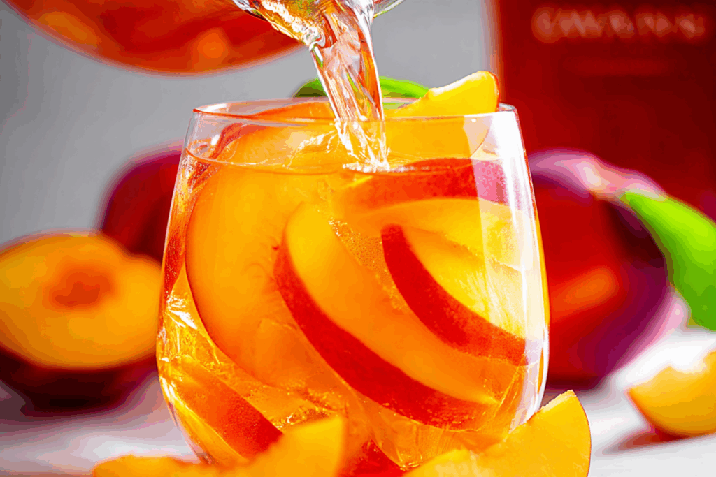 Peach sangria recipe with fresh peaches and mint in a pitcher