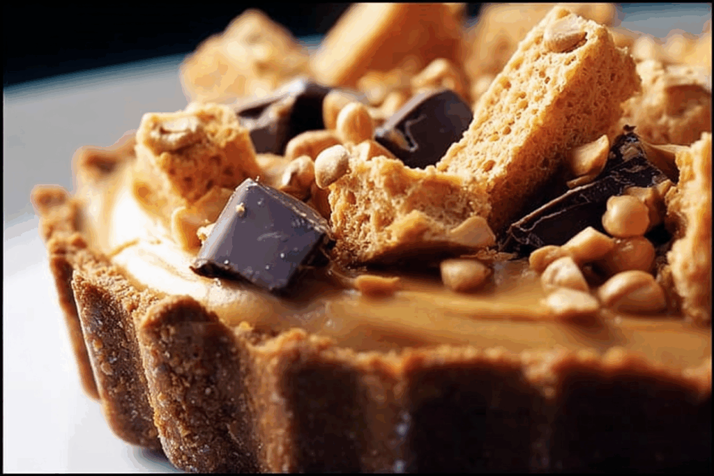Peanut Butter Honeycomb Pie with honeycomb topping and chocolate drizzle