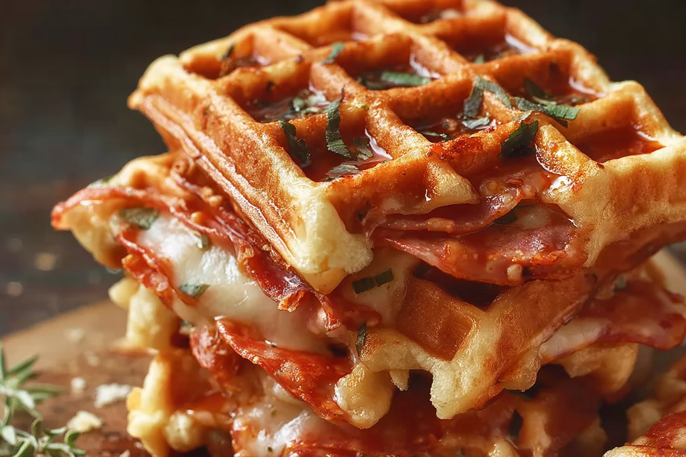 pizza stuffed waffle snacks hot and crispy with melted cheese