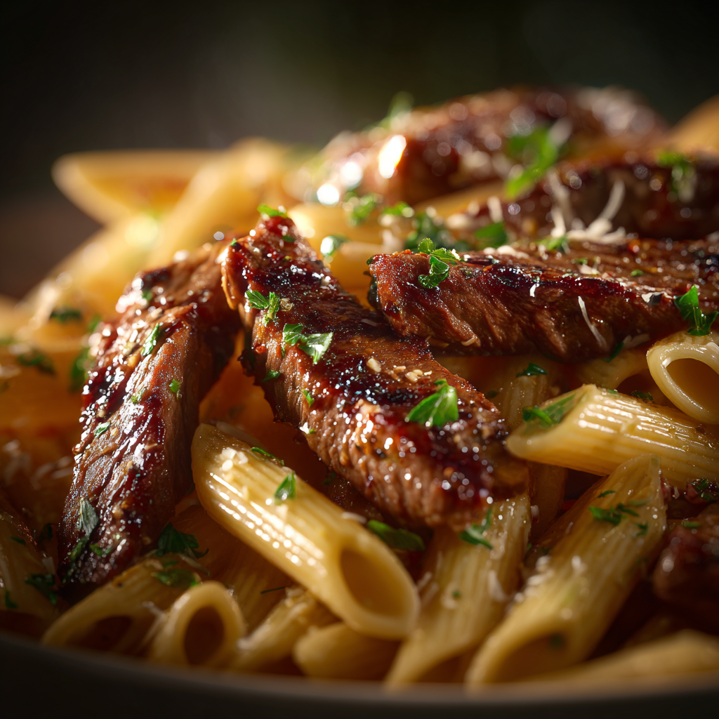 Plated creamy Cajun steak penne with garlic bread