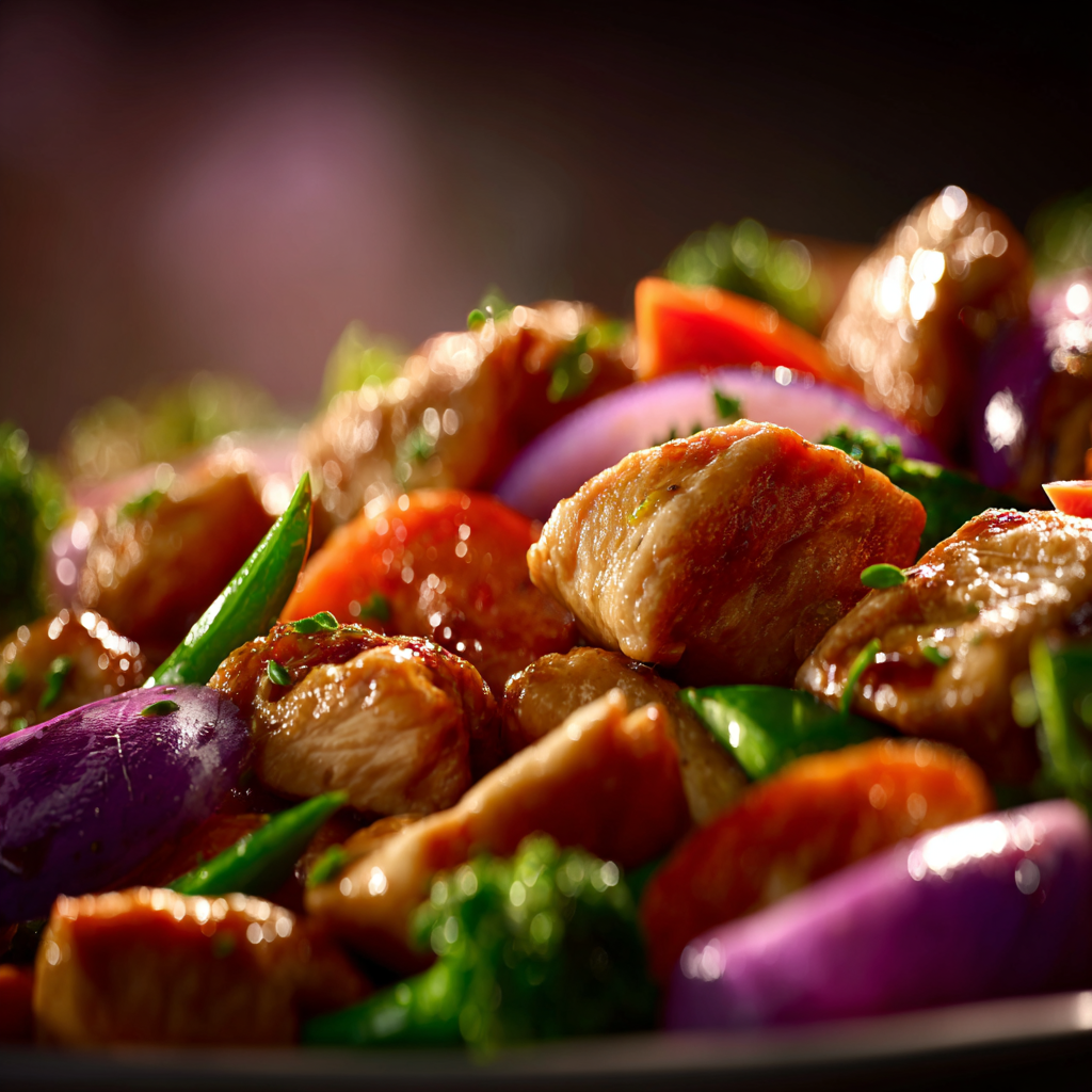 plated chicken stir fry recipe with rice