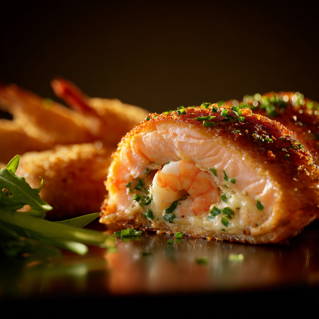 Plated crab and shrimp stuffed salmon with sides