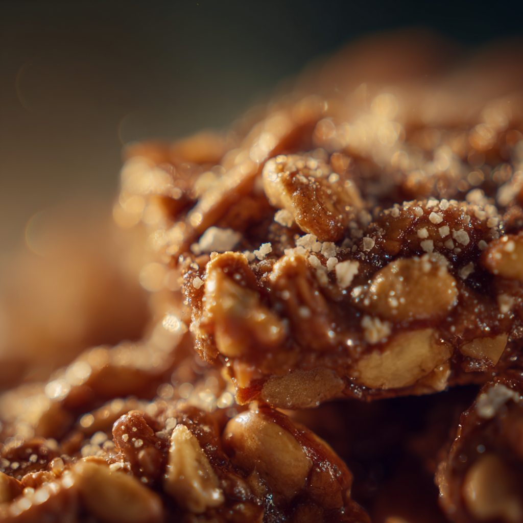 Pouring caramel onto praline crunch mix in bowl