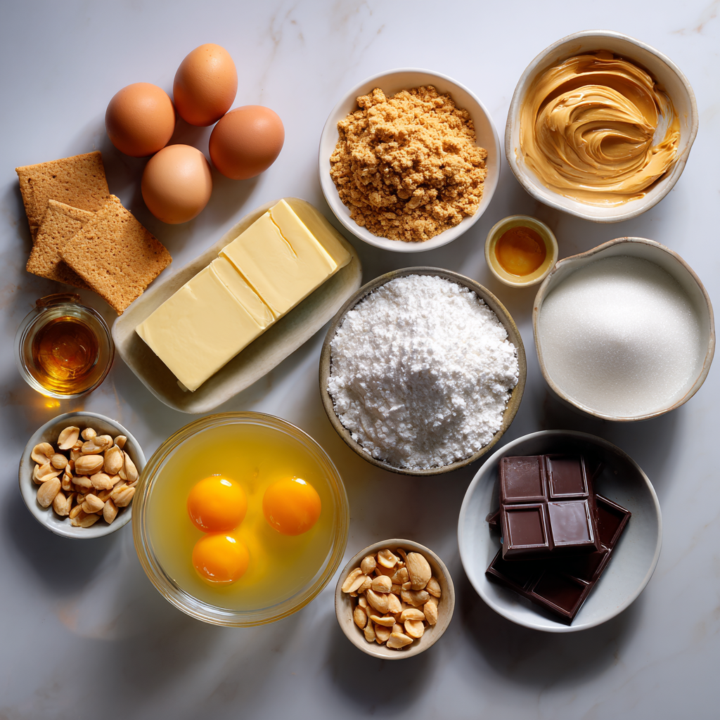 Ingredients for Peanut Butter Honeycomb Pie laid out in bowls