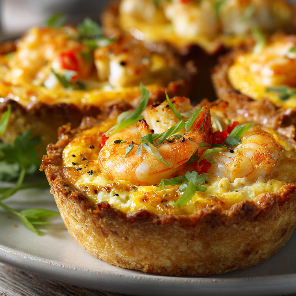 Preparing cheddar crab and shrimp mini quiches