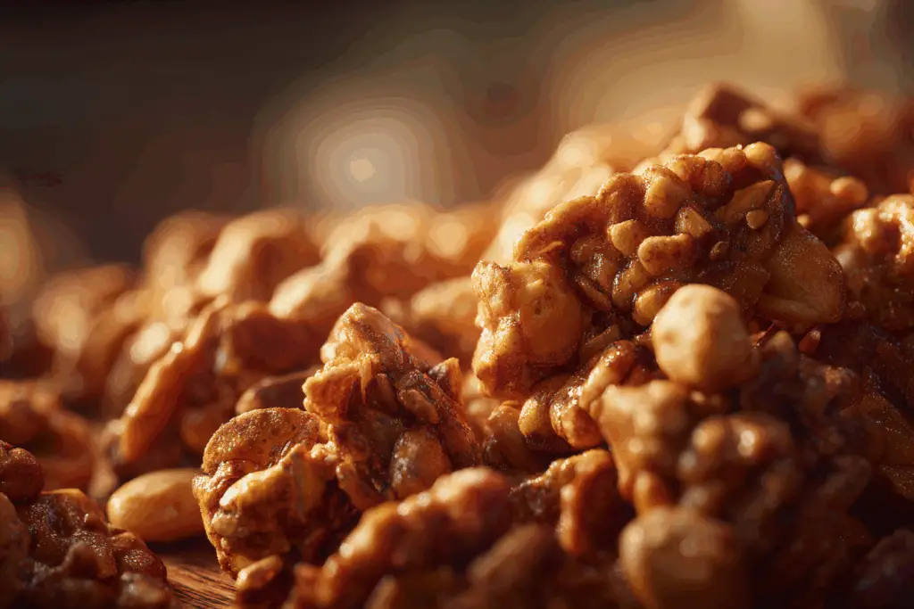 Praline Crunch in holiday tin with golden caramel glaze