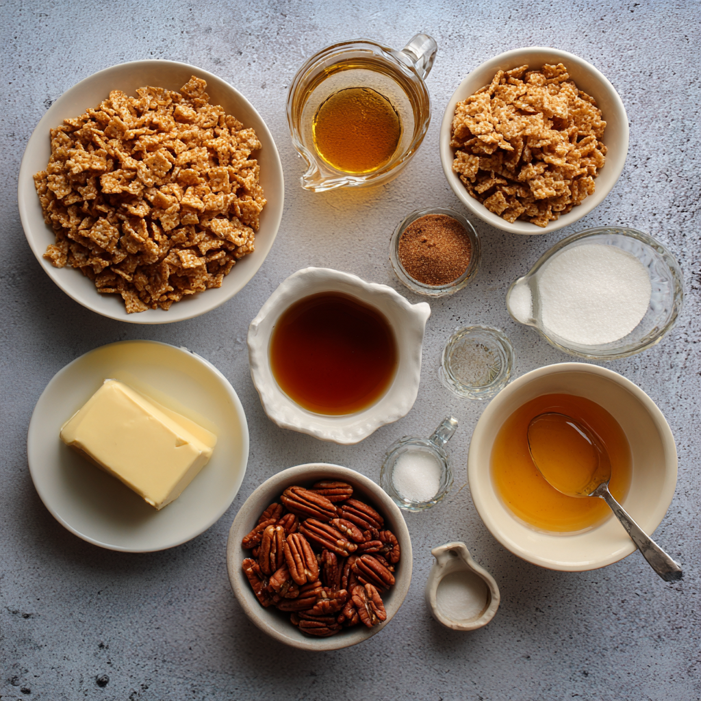 Ingredients for praline crunch recipe on kitchen counter