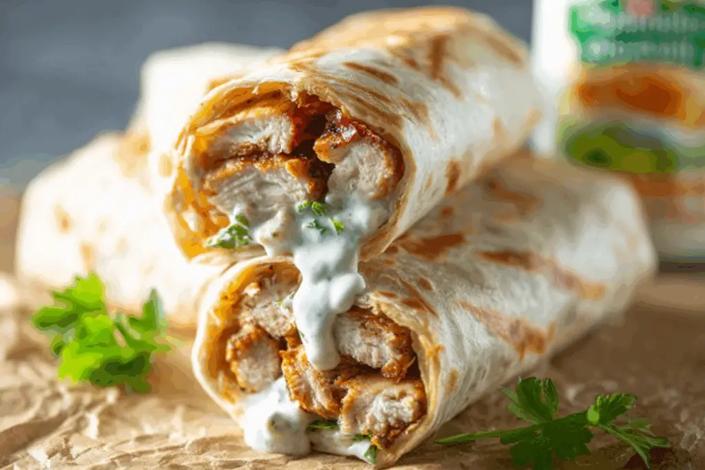 ranch chicken wraps with fresh vegetables and dressing