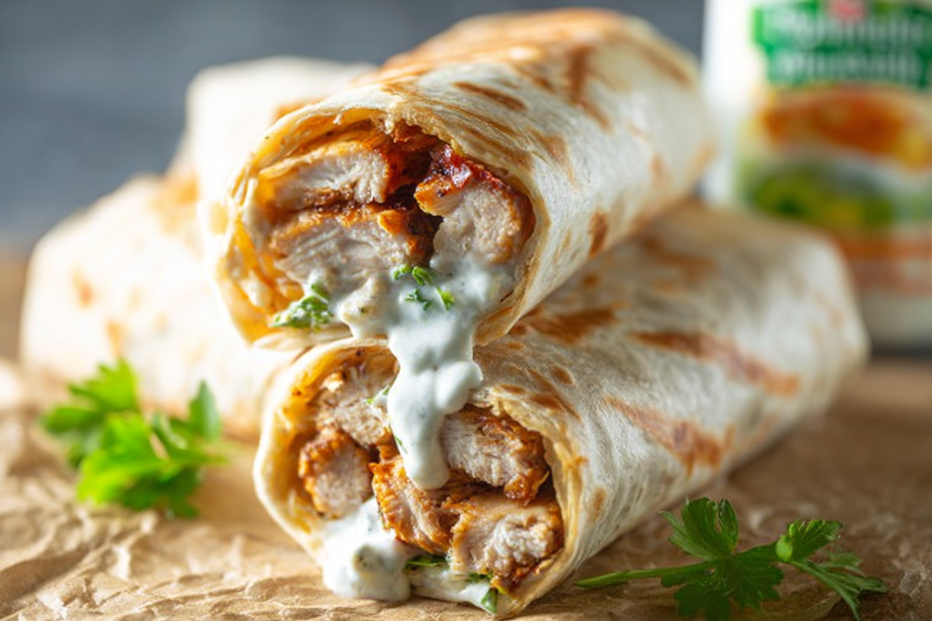 ranch chicken wraps with fresh vegetables and dressing