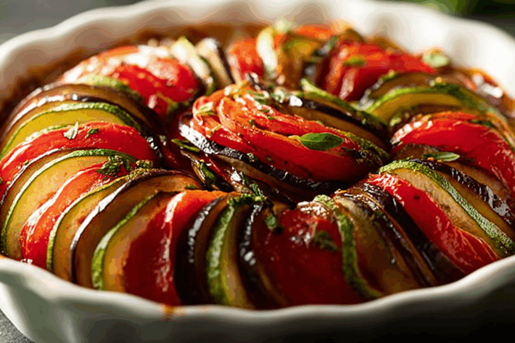 Spiral-stacked ratatouille recipe in ceramic dish