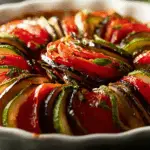 Spiral-stacked ratatouille recipe in ceramic dish