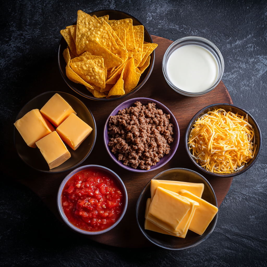 Rotel Cheese Dip ingredients including Velveeta and Rotel can