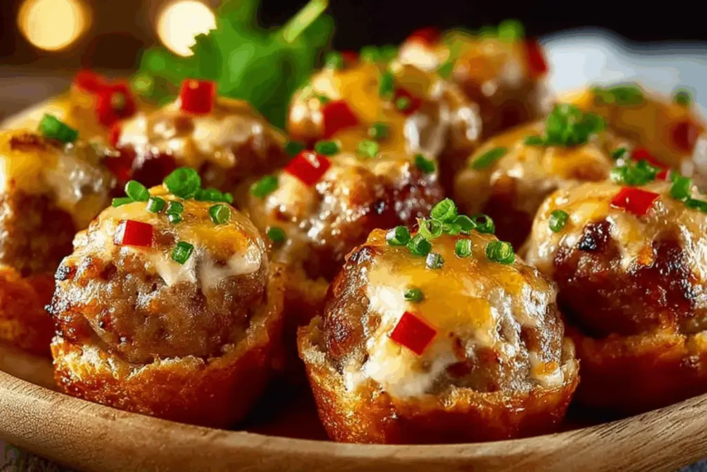 Rotel Spiced Sausage & Cream Cheese Bites stacked on tray