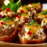 Rotel Spiced Sausage & Cream Cheese Bites stacked on tray