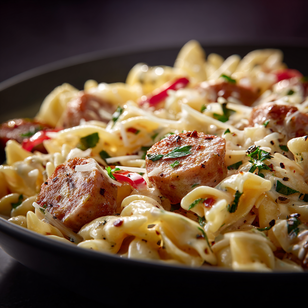 Browning sausage and chicken for creamy Pepper Jack pasta