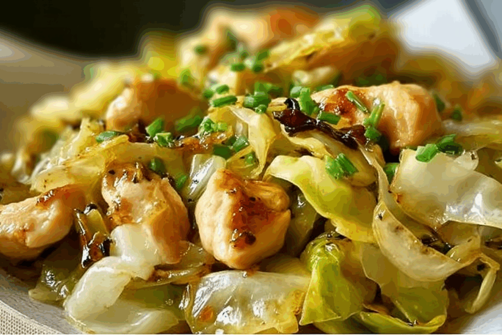 sautéed garlic cabbage with tender chicken cooked in skillet