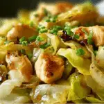 sautéed garlic cabbage with tender chicken cooked in skillet