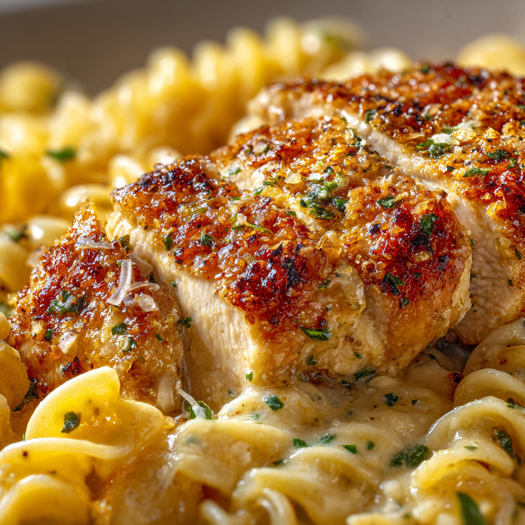 garlic butter and seared chicken for creamy garlic parmesan pasta