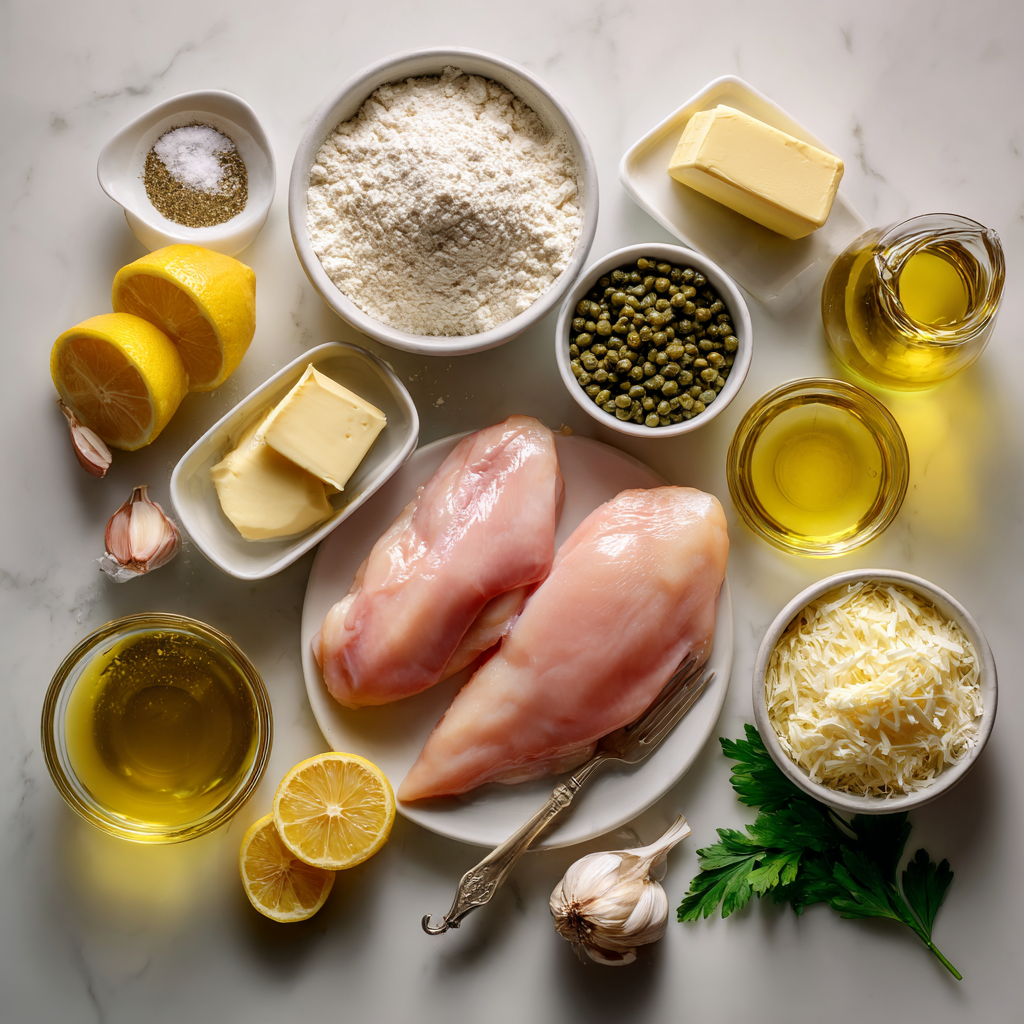 golden seared chicken in skillet for piccata recipe