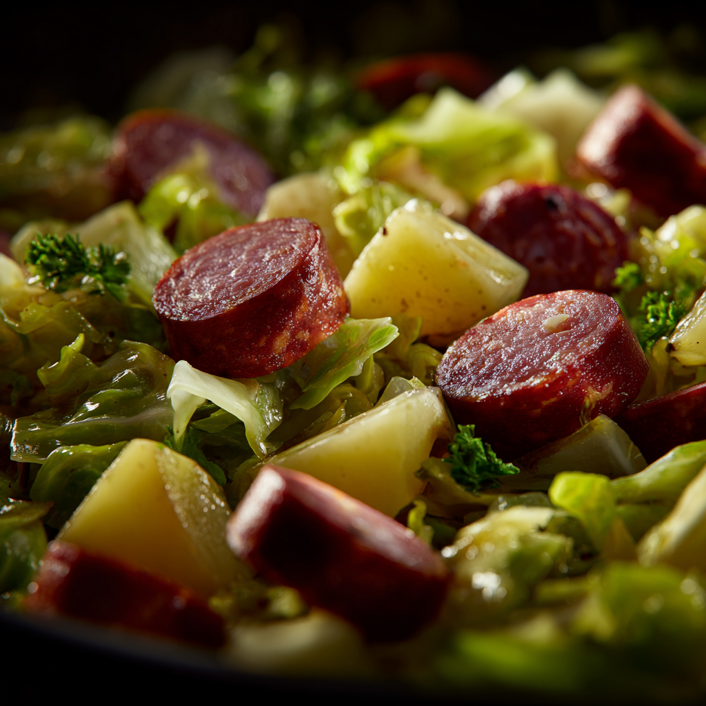 served slow cooker cabbage potatoes and smoked sausage