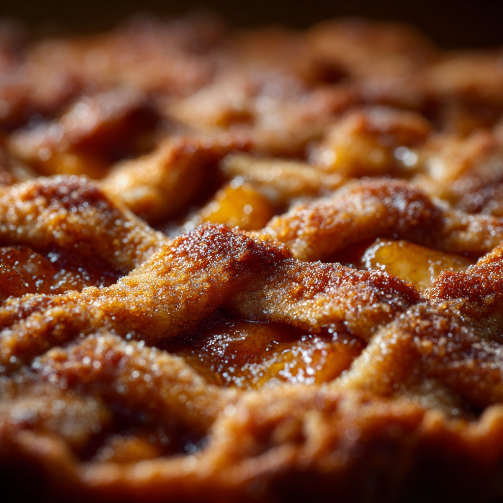 Spoonful of double crust brown butter peach cobbler showing golden top and gooey filling