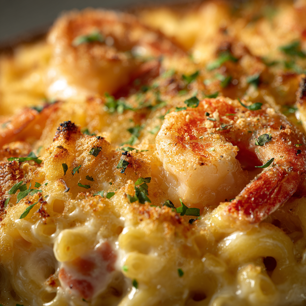 Served Seafood Mac & Cheese Garnished with Parsley