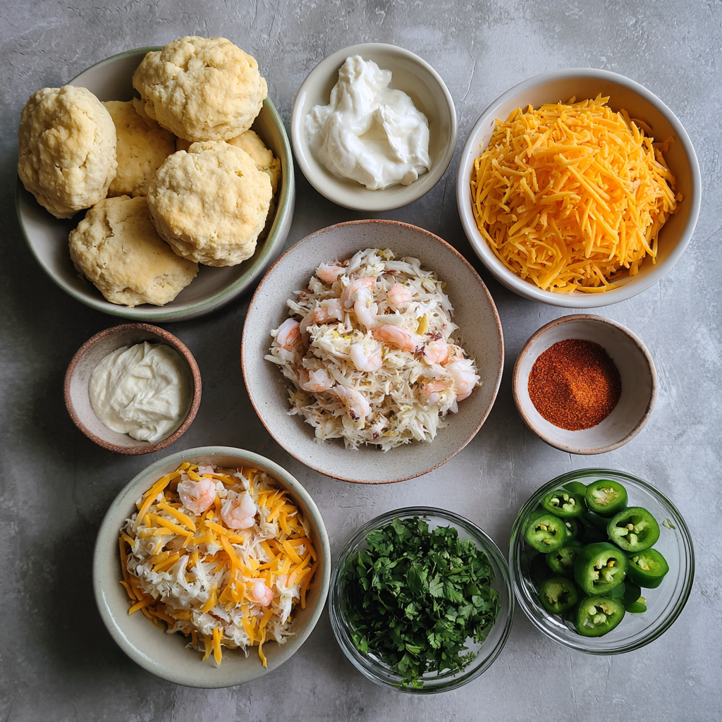 Ingredients for shrimp and crab nacho biscuit melts recipe laid on counter