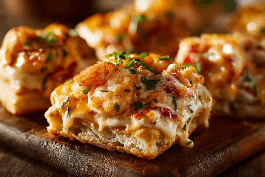 Shrimp and crab nacho biscuit melts fresh from oven on rustic platter