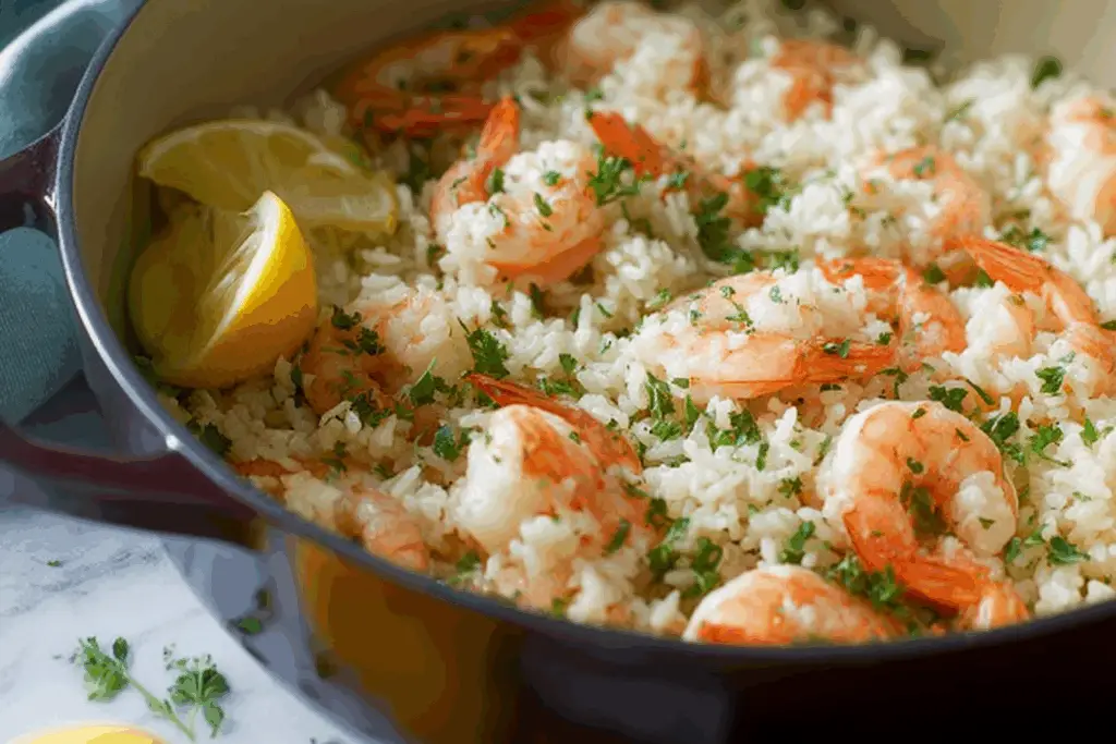 Lemon garlic butter shrimp & rice close-up