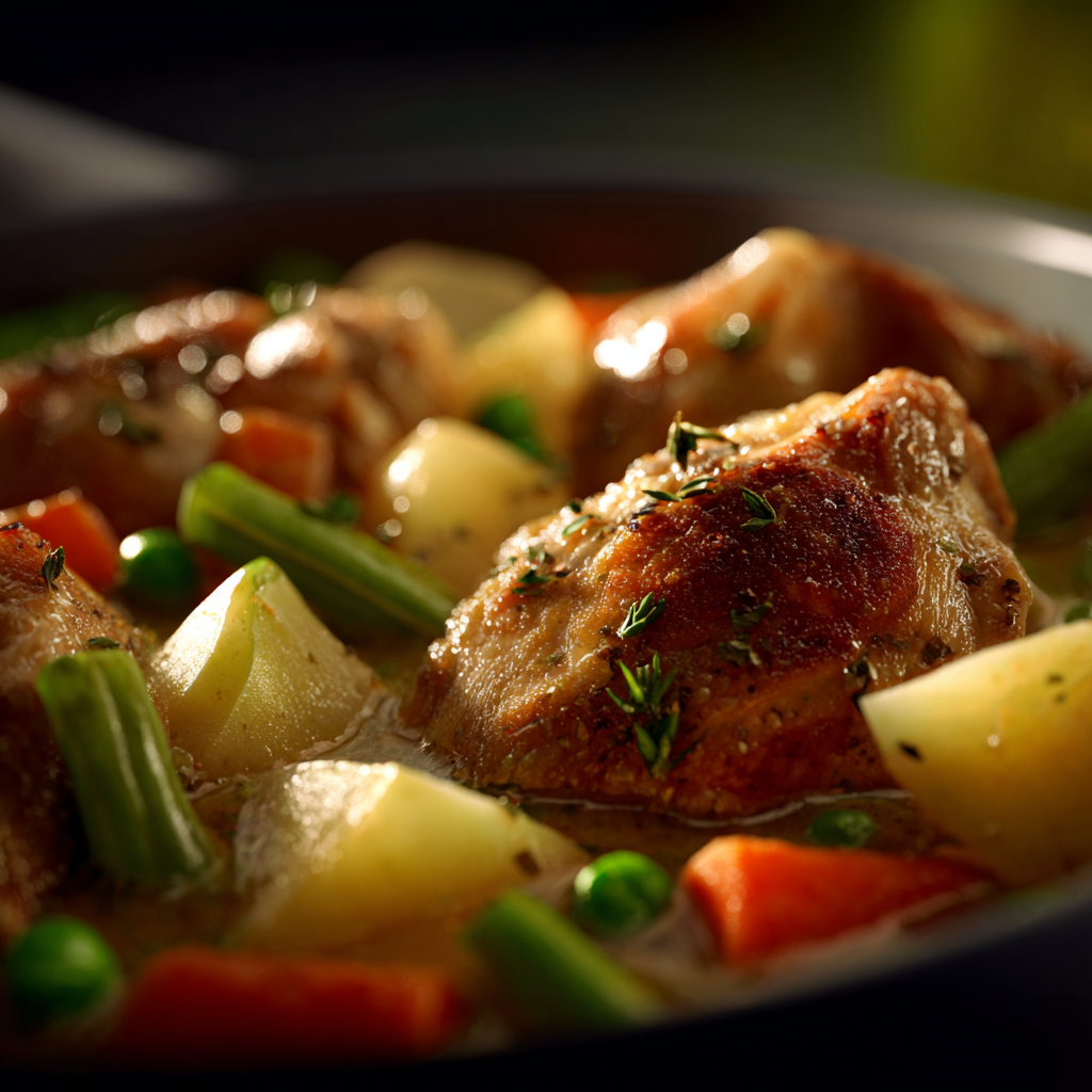 Hearty chicken and vegetable stew simmering in a pot