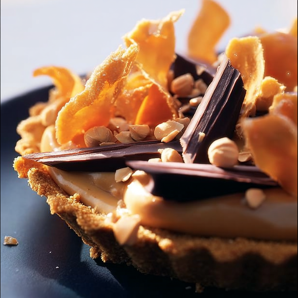 Slice of Peanut Butter Honeycomb Pie with chocolate drizzle and honeycomb shards