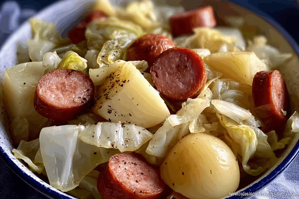 slow cooker cabbage potatoes and smoked sausage recipe in a rustic bowl